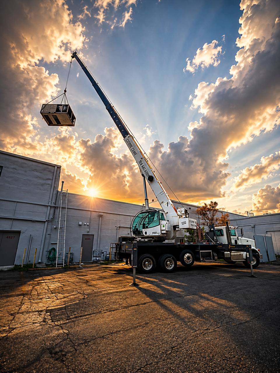 Cooper Crane boom truck setting a rooftop AC unit on a South Florida building